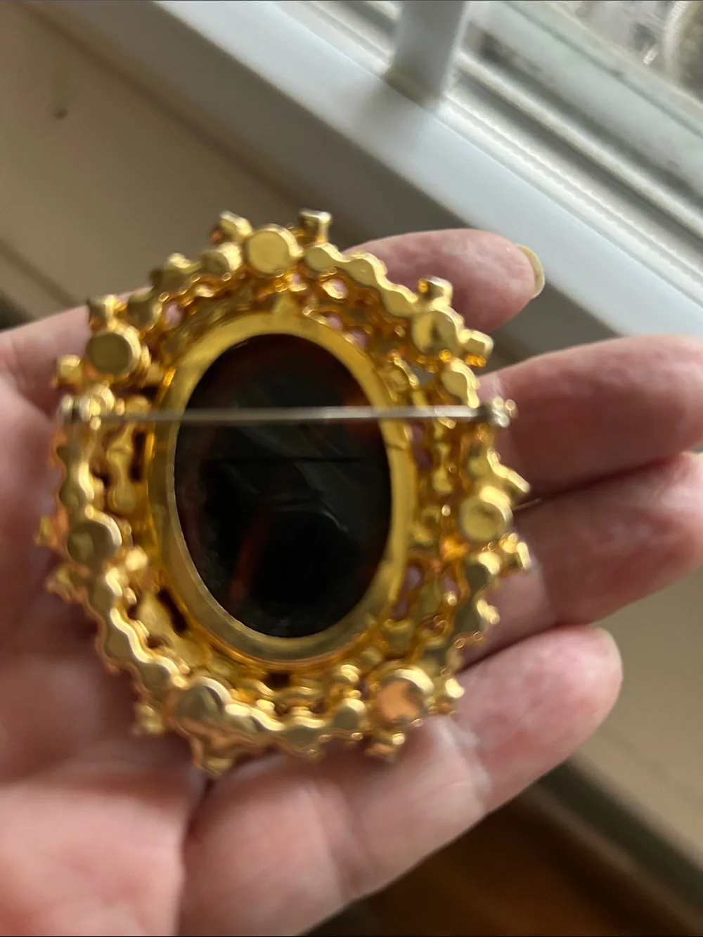Vintage-Delazza-Elster Juliana Black Cameo Brooch with Amber and Black Accents